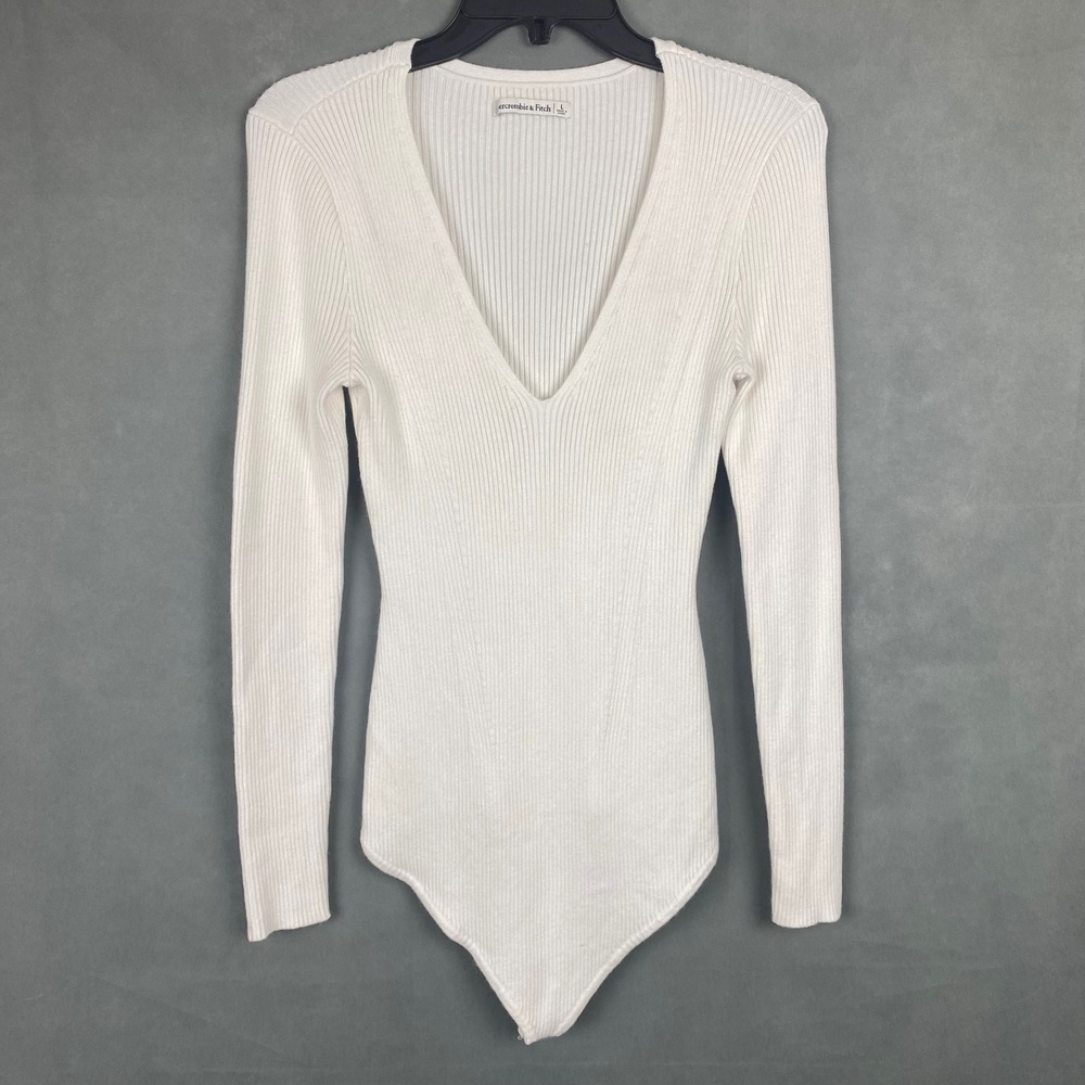 Abercrombie & Fitch Ribbed V-Neck Long Sleeve Bodysuit Womens‎ Large White